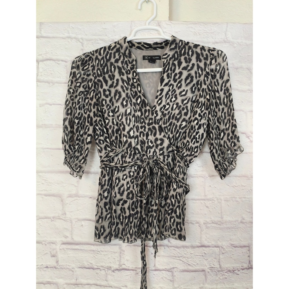 INC Black Gray Silk Leopard Print Faux Wrap Blouse 10(Med) Work Preppy Date